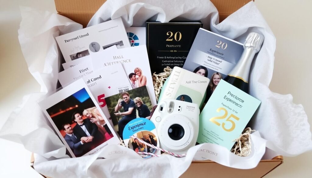 A 25th birthday gift box containing concert tickets, a camera, and experience vouchers
