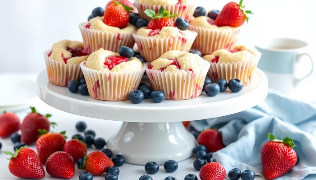 A beautiful display of strawberry shortcake blueberry muffins on a cake stand surrounded by fresh berries