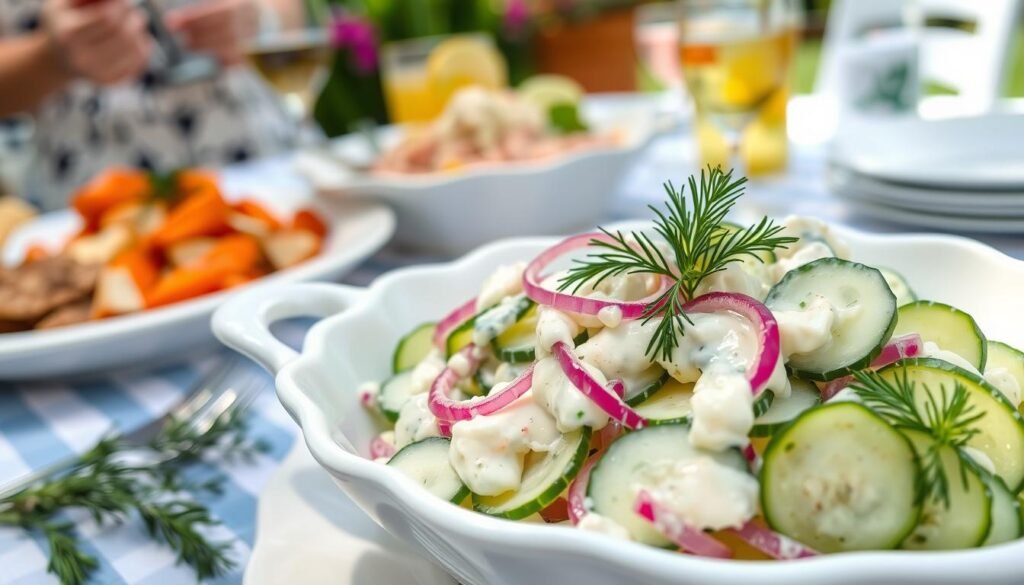 A beautiful serving of creamy cucumber salad with mayonnaise in an outdoor summer setting A beautiful serving of creamy cucumber salad with mayonnaise in an outdoor summer setting