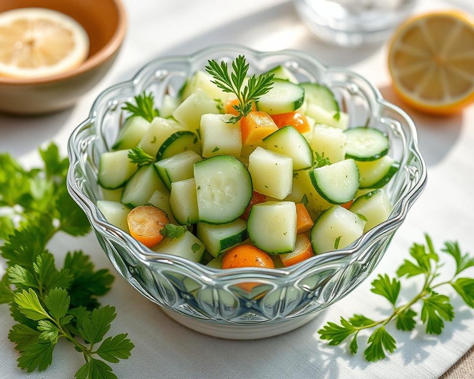 A beautiful serving of cucumber salad with vinegar garnished with fresh herbs