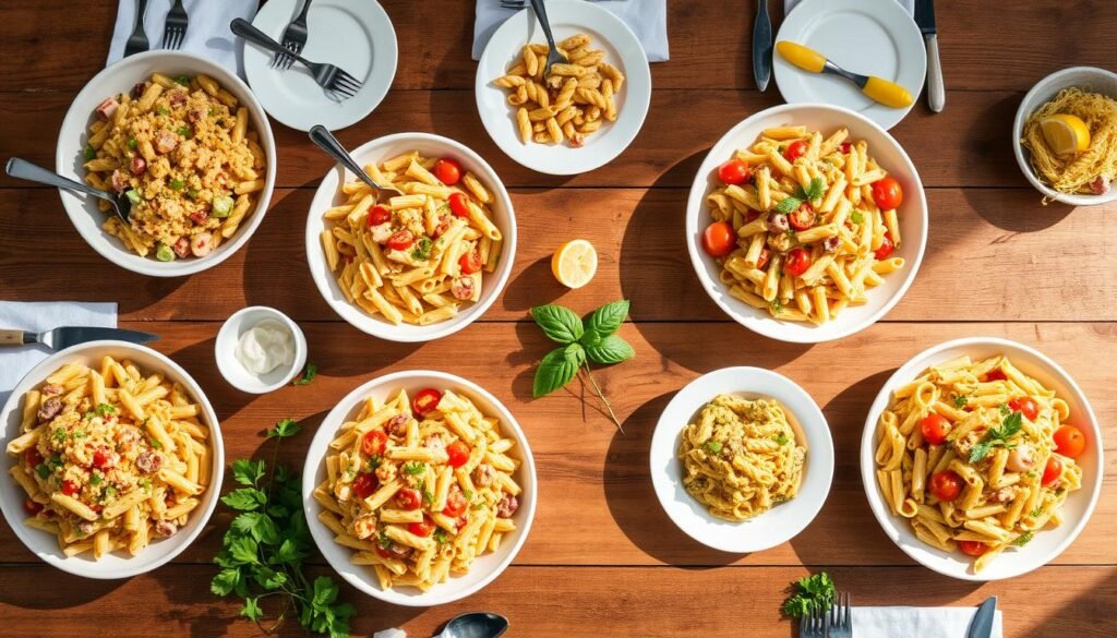 A beautiful spread of pasta salad with Italian dressing variations for a gathering A beautiful spread of pasta salad with Italian dressing variations for a gathering