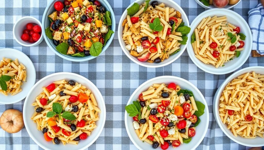A beautiful spread of various cold pasta salads on a picnic table