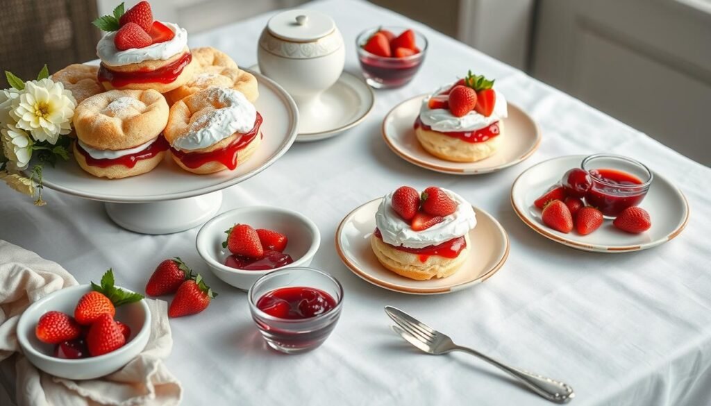 A beautiful table setting with multiple servings of cherry jam strawberry shortcake, fresh berries, and flowers A beautiful table setting with multiple servings of cherry jam strawberry shortcake, fresh berries, and flowers