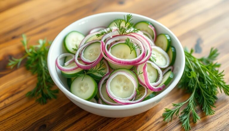 A beautifully arranged cucumber salad in a white bowl with red onions and fresh dill