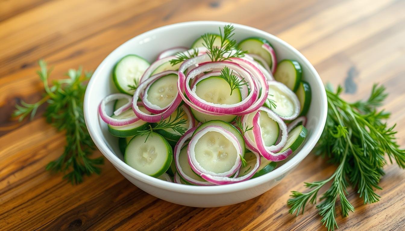 A beautifully arranged cucumber salad in a white bowl with red onions and fresh dill