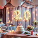 A beautifully decorated 20th birthday party setup with themed decorations, lighting, and table settings