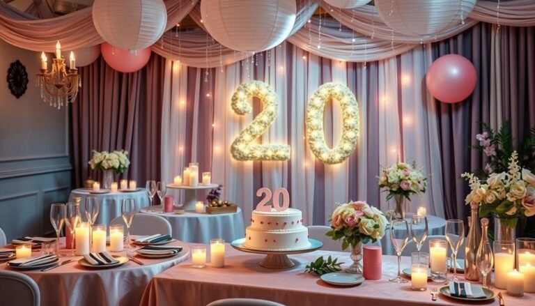 A beautifully decorated 20th birthday party setup with themed decorations, lighting, and table settings