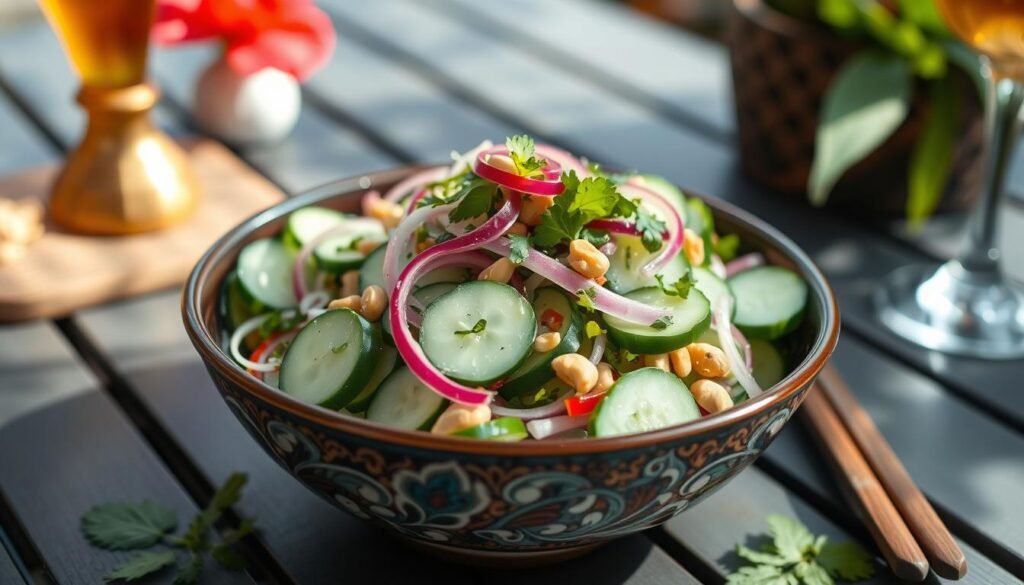 A beautifully presented bowl of Thai cucumber salad on an outdoor table