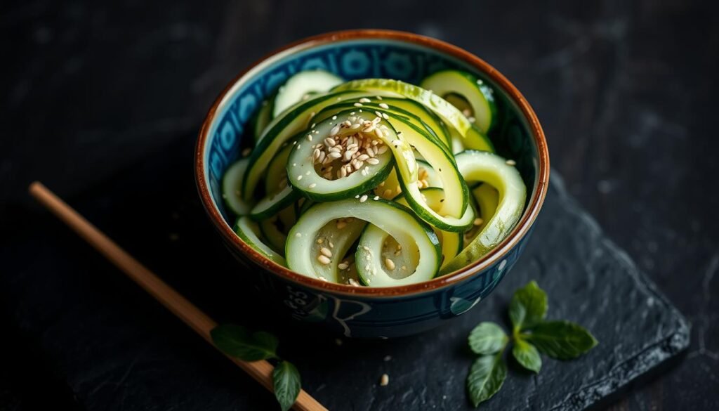 A beautifully styled Japanese cucumber salad in a traditional ceramic bowl on a dark background