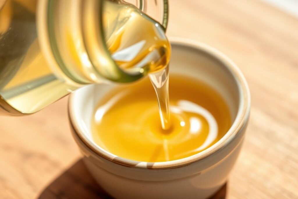 A bottle of rice vinegar being poured into a small measuring bowl