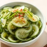 A bowl of Asian cucumber salad with thinly sliced cucumbers glistening with sesame oil dressing, topped with sesame seeds and red chili flakes