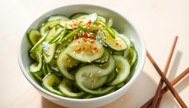 A bowl of Asian cucumber salad with thinly sliced cucumbers glistening with sesame oil dressing, topped with sesame seeds and red chili flakes