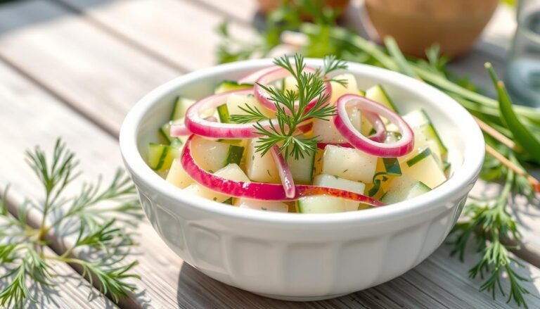 A bowl of cucumber salad with vinegar garnished with fresh herbs on an outdoor table setting