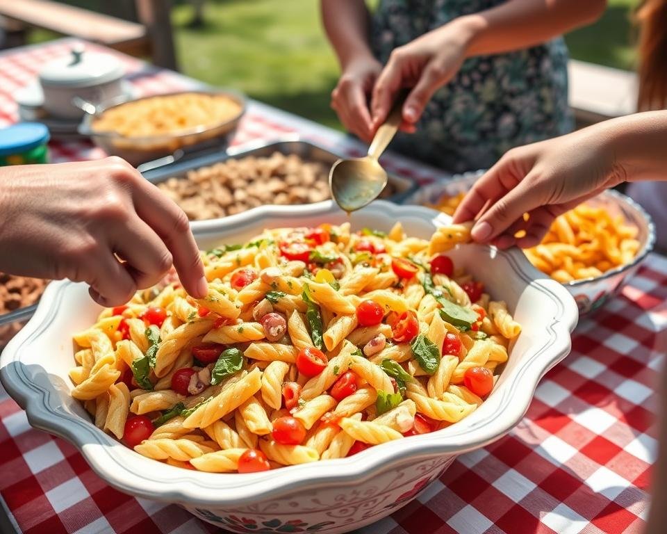 A bowl of pasta salad with Italian dressing being served at an outdoor gathering A bowl of pasta salad with Italian dressing being served at an outdoor gathering