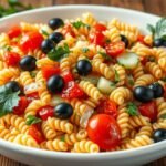 A colorful cold pasta salad with vegetables and herbs in a large serving bowl