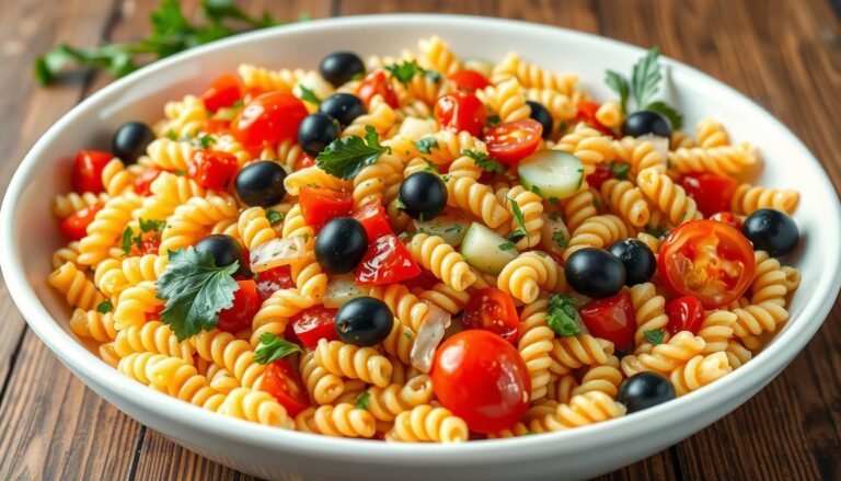 A colorful cold pasta salad with vegetables and herbs in a large serving bowl
