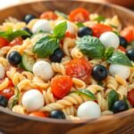 A colorful summer pasta salad with cherry tomatoes, fresh mozzarella, and basil in a large wooden serving bowl