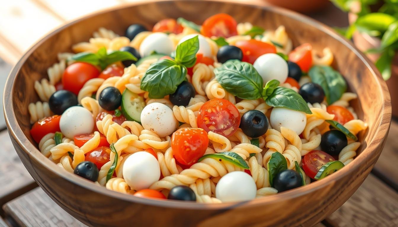 A colorful summer pasta salad with cherry tomatoes, fresh mozzarella, and basil in a large wooden serving bowl