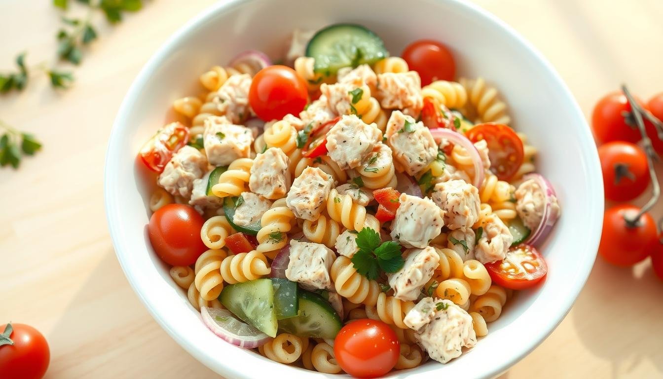 A colorful tuna pasta salad with vegetables in a white bowl