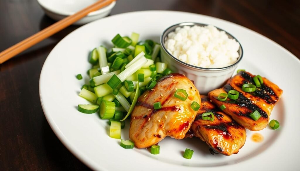A complete meal featuring Asian cucumber salad alongside grilled teriyaki chicken and steamed rice A complete meal featuring Asian cucumber salad alongside grilled teriyaki chicken and steamed rice