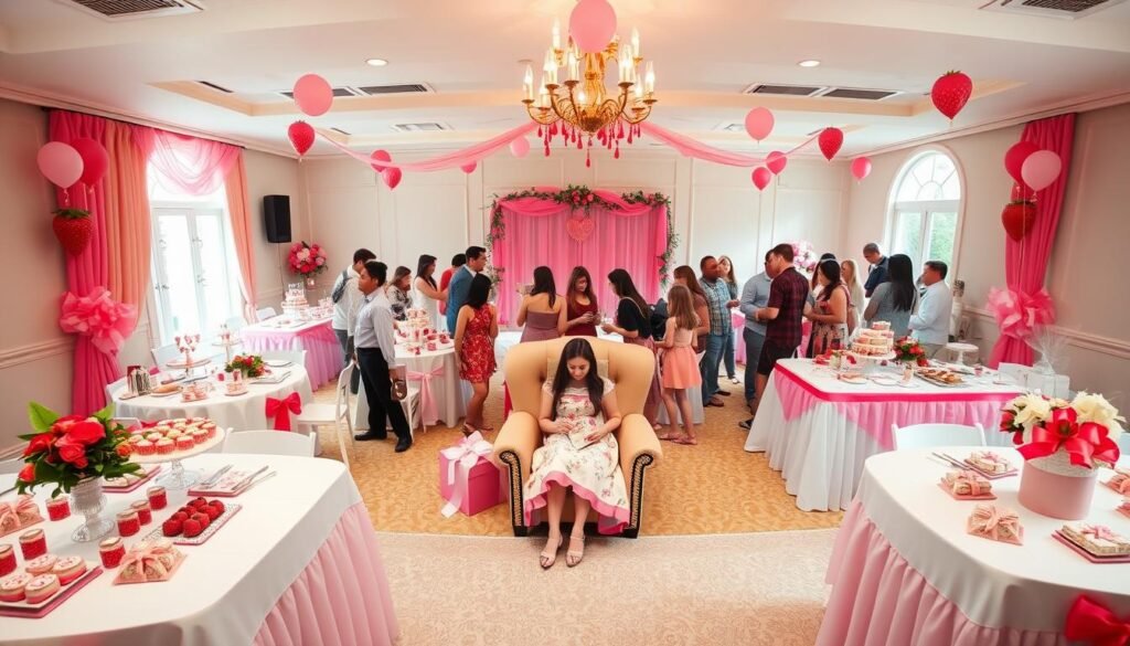 A complete strawberry shortcake baby shower setup showing all elements working together harmoniously