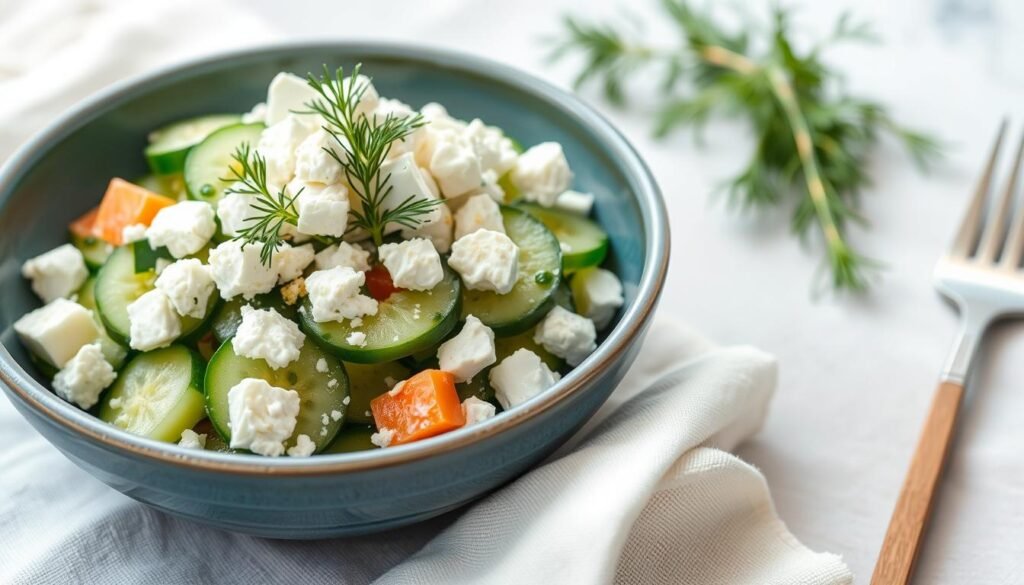 A fusion version of Japanese cucumber salad with Mediterranean ingredients