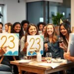 A group of friends enjoying a paint and sip birthday party with wine glasses and colorful canvases