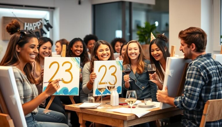 A group of friends enjoying a paint and sip birthday party with wine glasses and colorful canvases
