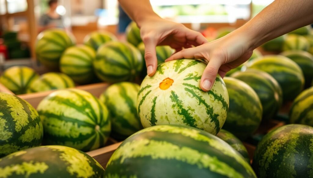 A hand selecting a watermelon at a farmer's market, demonstrating how to check for ripeness