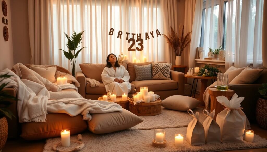 A home spa birthday setup with facial masks, essential oils, candles, and relaxation elements A home spa birthday setup with facial masks, essential oils, candles, and relaxation elements