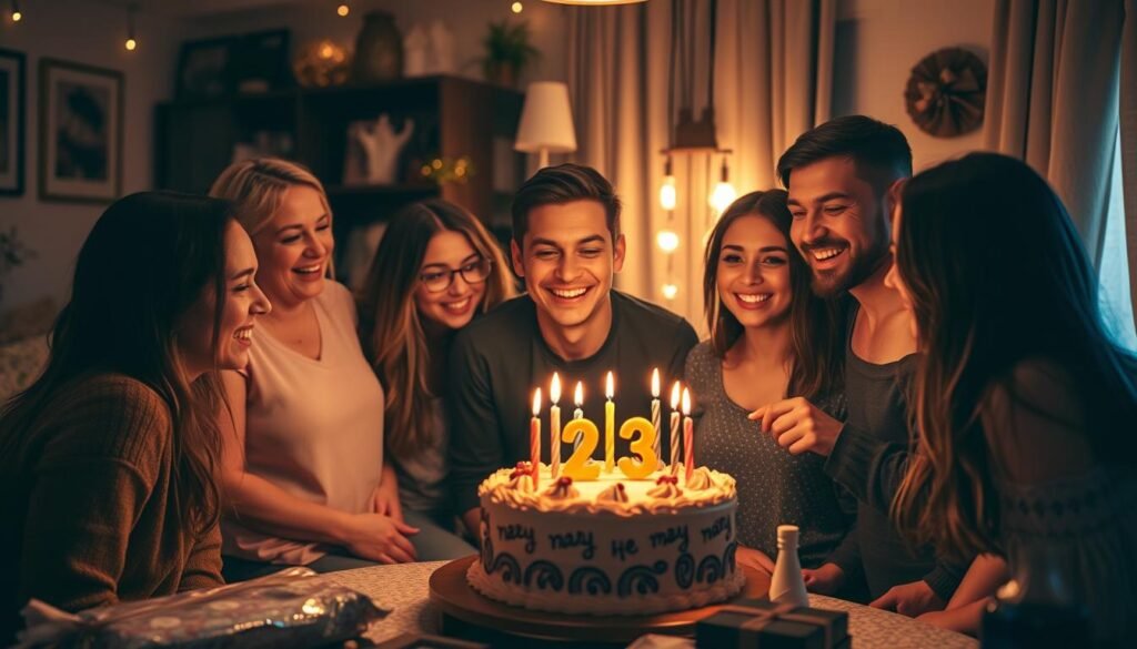 A joyful 23rd birthday celebration with friends, cake, and decorations showing genuine happiness A joyful 23rd birthday celebration with friends, cake, and decorations showing genuine happiness