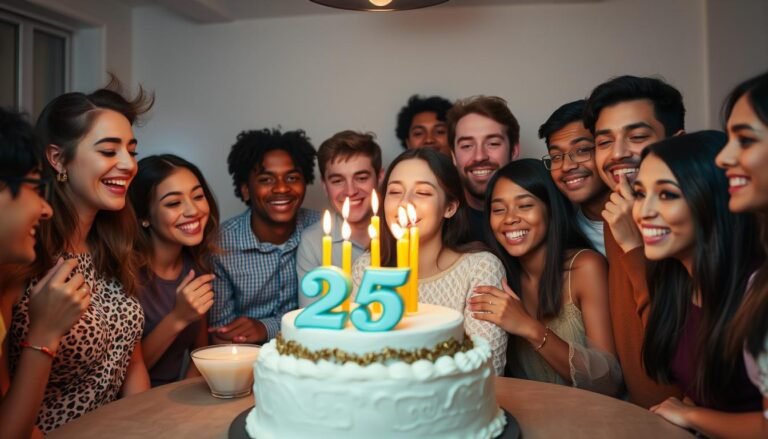 A person celebrating their 25th birthday with friends, blowing out candles on a cake with the number 25