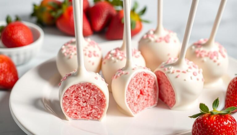 A plate of finished strawberry cake pops with white chocolate coating and pink sprinkles