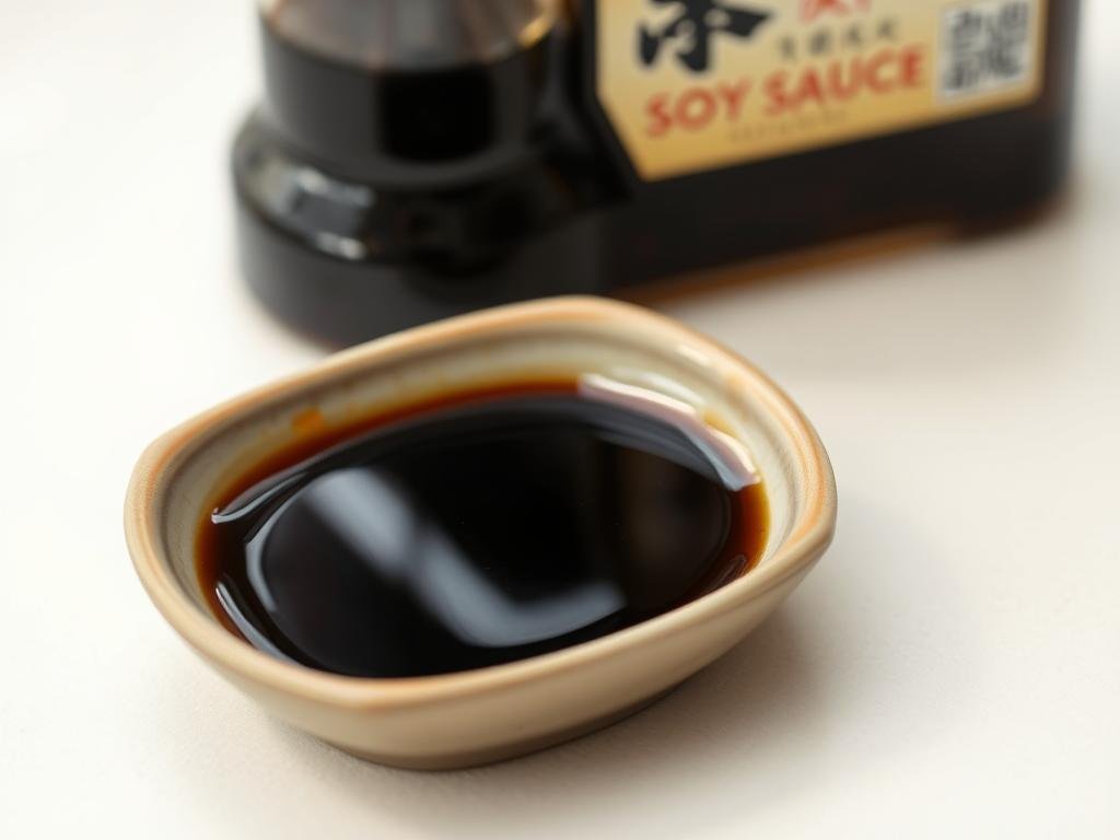 A small dish of soy sauce with a bottle in the background