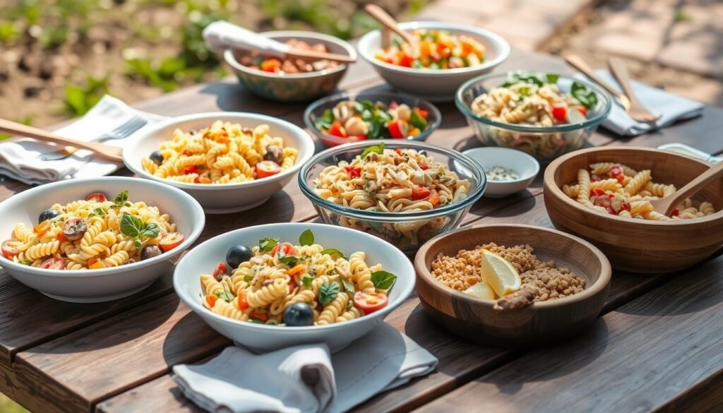 A spread of various healthy pasta salads on a picnic table