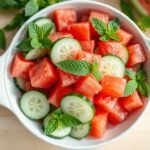 A vibrant watermelon cucumber salad in a white bowl showing the contrast of red watermelon cubes, green cucumber slices, and fresh herbs