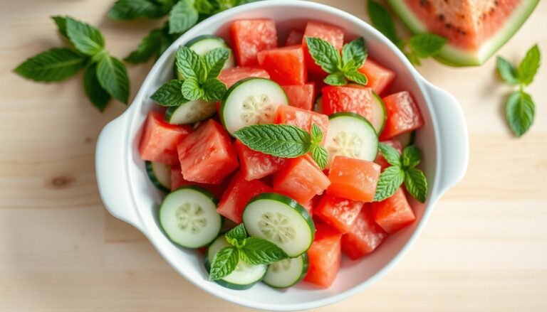 A vibrant watermelon cucumber salad in a white bowl showing the contrast of red watermelon cubes, green cucumber slices, and fresh herbs