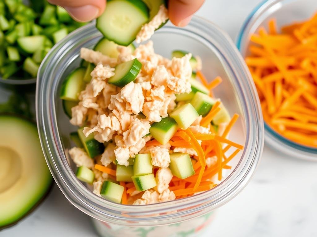 Adding ingredients to the container for California Roll Cucumber Salad Adding ingredients to the container for California Roll Cucumber Salad