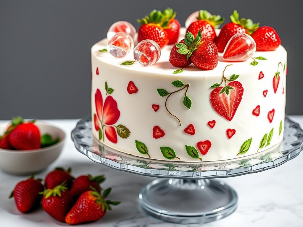 Advanced strawberry cake with isomalt decorations and hand-painted details