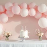 Aesthetic birthday setup with pastel balloons, flowers, and a minimalist cake on a styled table