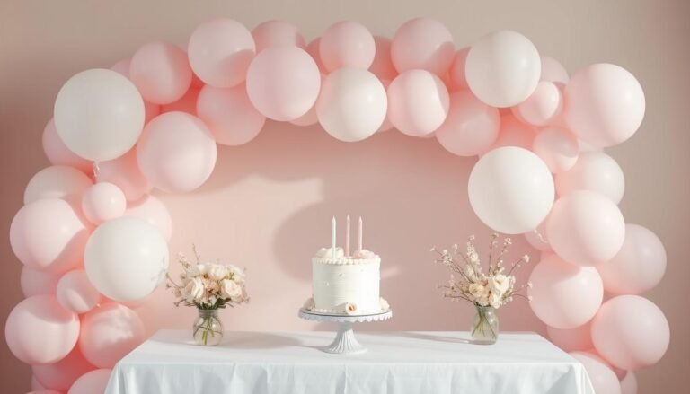 Aesthetic birthday setup with pastel balloons, flowers, and a minimalist cake on a styled table