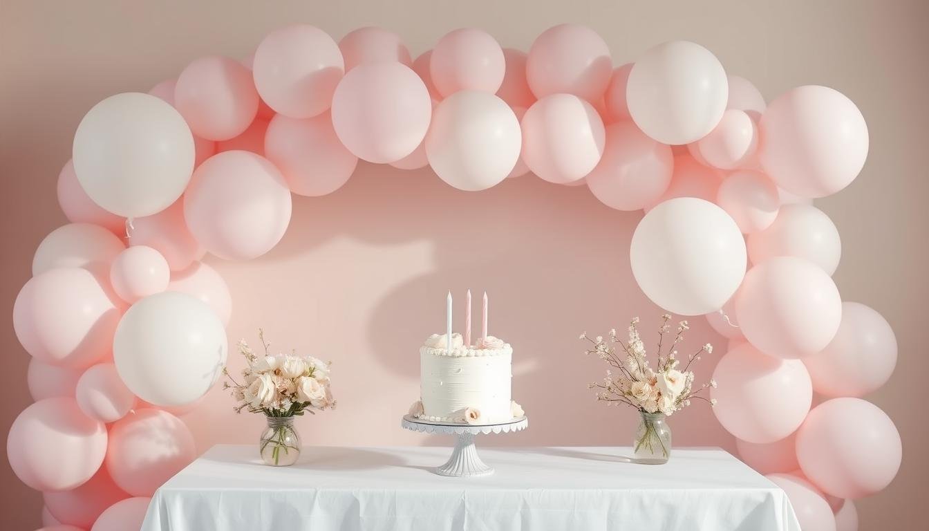 Aesthetic birthday setup with pastel balloons, flowers, and a minimalist cake on a styled table