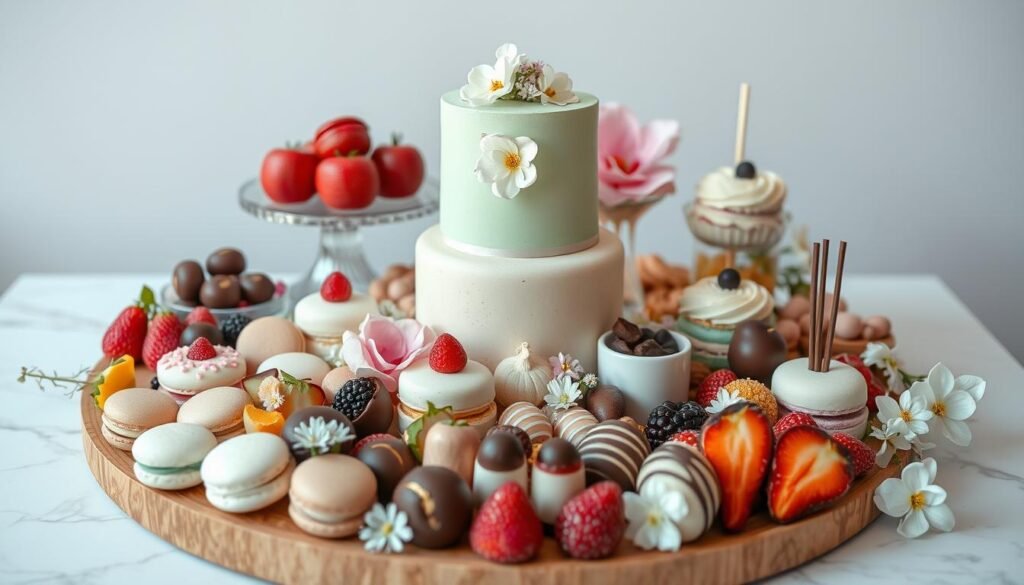 Aesthetic dessert grazing table with varied sweet treats arranged artfully