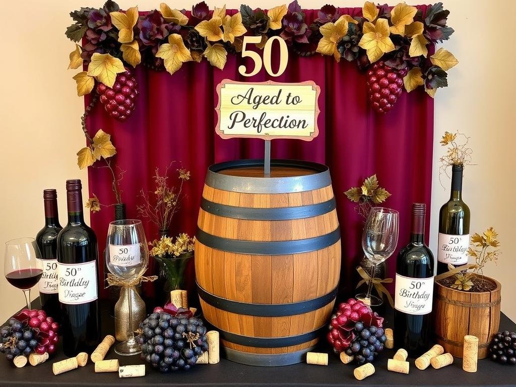 Aged to Perfection wine-themed 50th birthday decorations with wine barrels and custom vintage labels Aged to Perfection wine-themed 50th birthday decorations with wine barrels and custom vintage labels