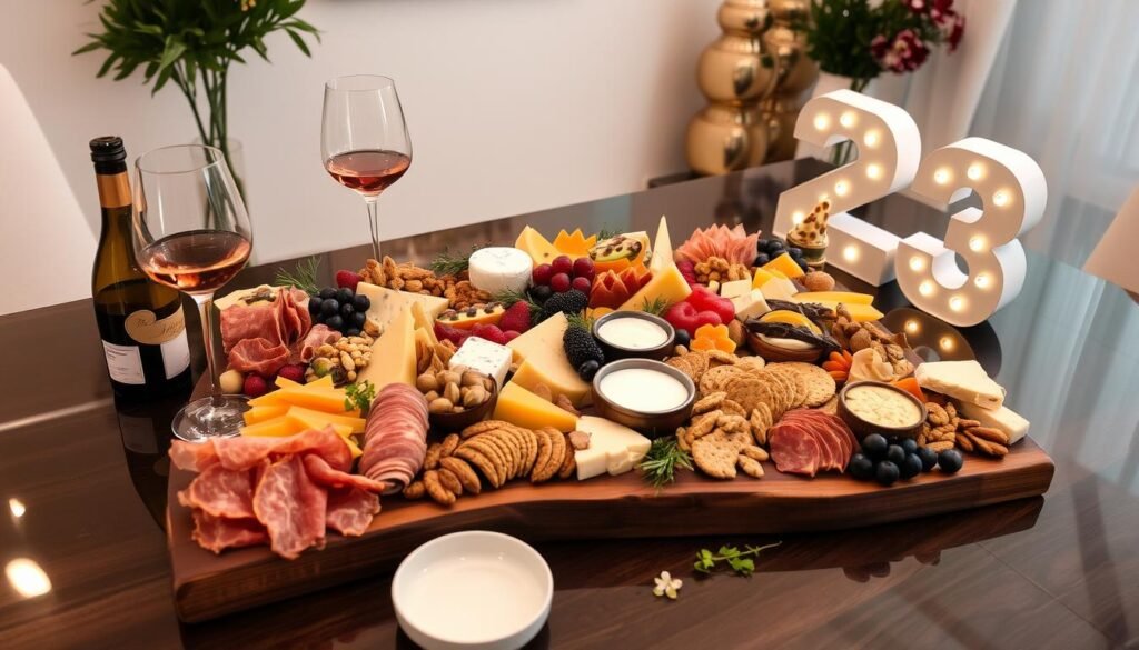 An elegant charcuterie board birthday spread with wine, cheese, fruits, and decorative '23' number An elegant charcuterie board birthday spread with wine, cheese, fruits, and decorative '23' number