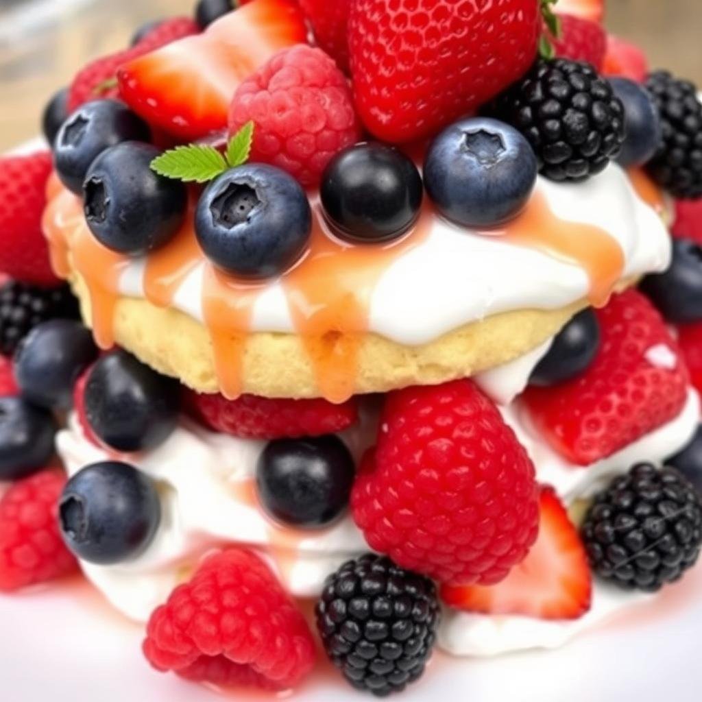 Angel cake shortcake with mixed berries including strawberries, blueberries, and raspberries