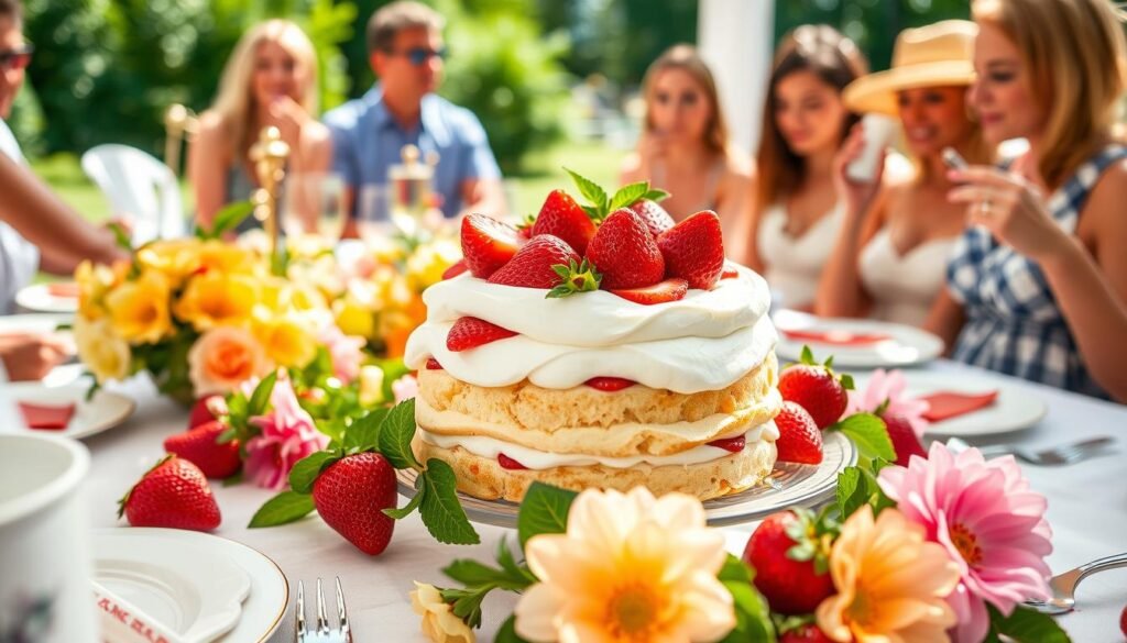 Angel cake strawberry shortcake being served at an outdoor summer gathering