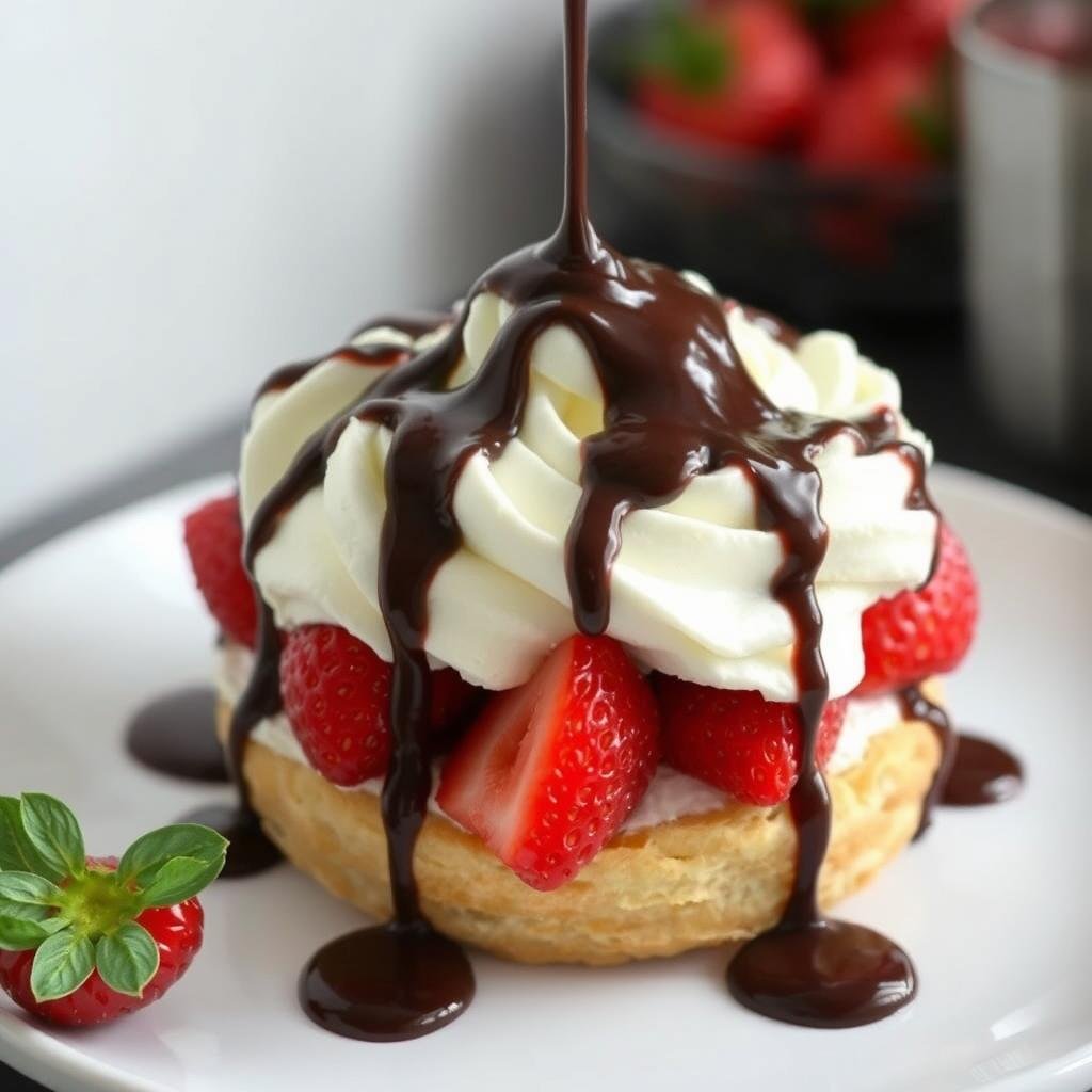 Angel cake strawberry shortcake with chocolate sauce drizzled over the top