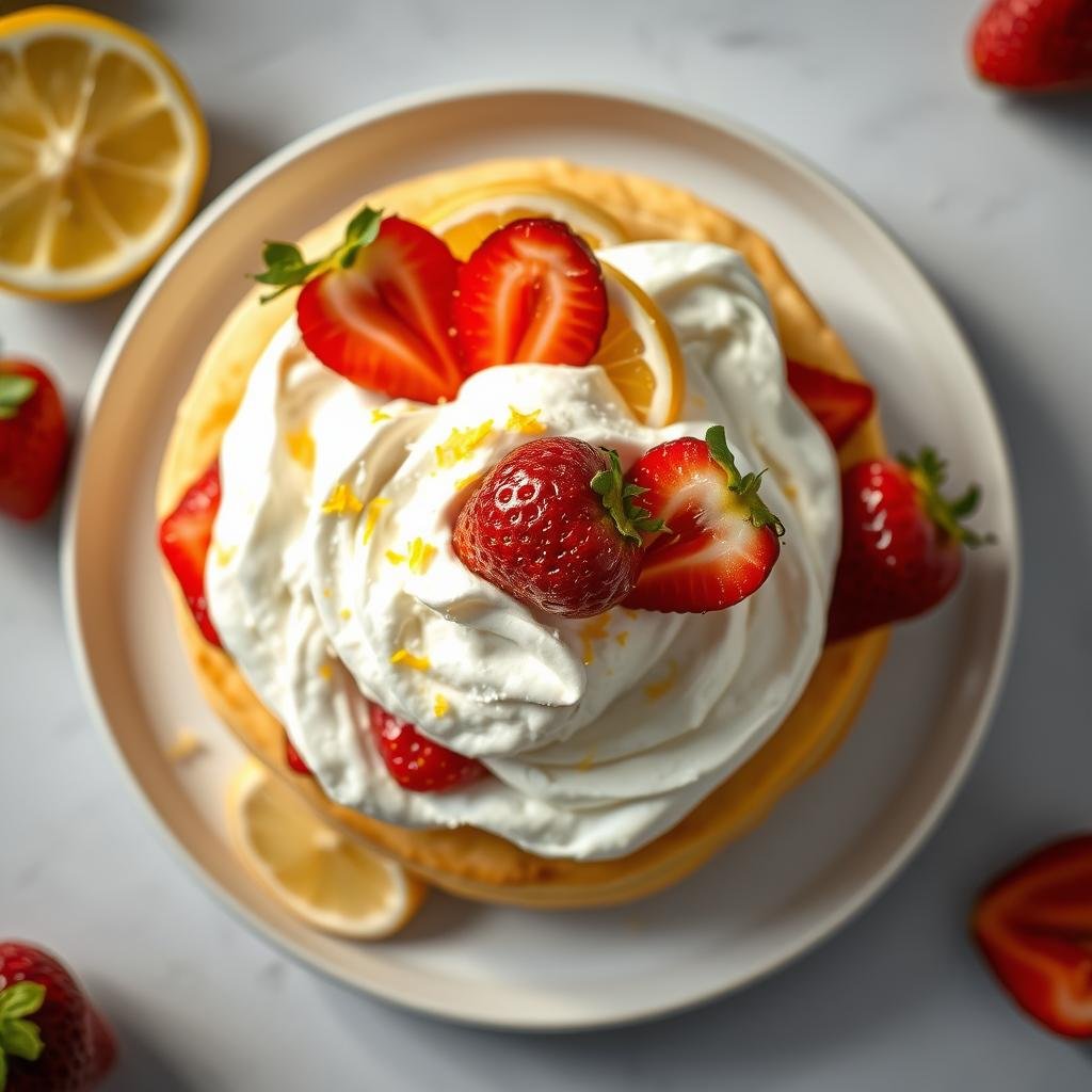 Angel cake strawberry shortcake with lemon zest in the whipped cream