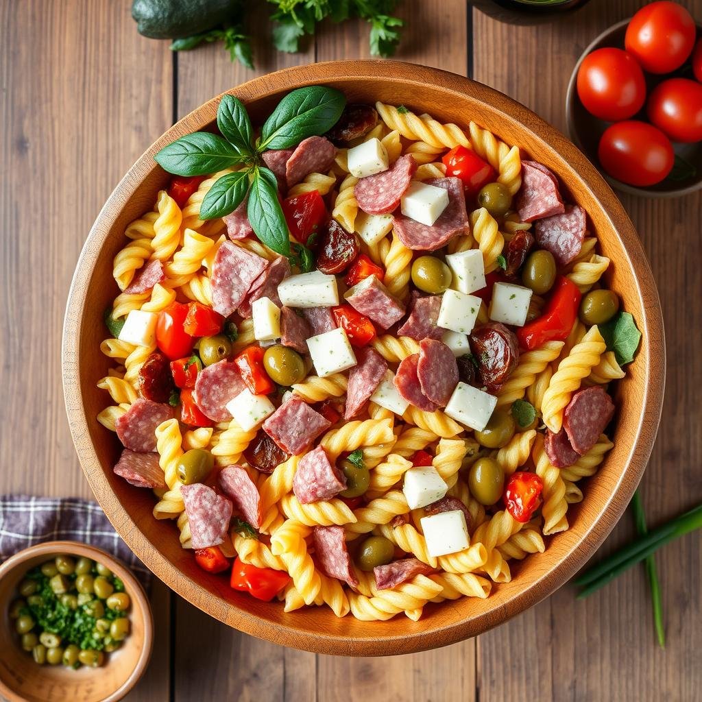 Antipasto pasta salad with Italian dressing featuring salami, pepperoni, and provolone cheese Antipasto pasta salad with Italian dressing featuring salami, pepperoni, and provolone cheese